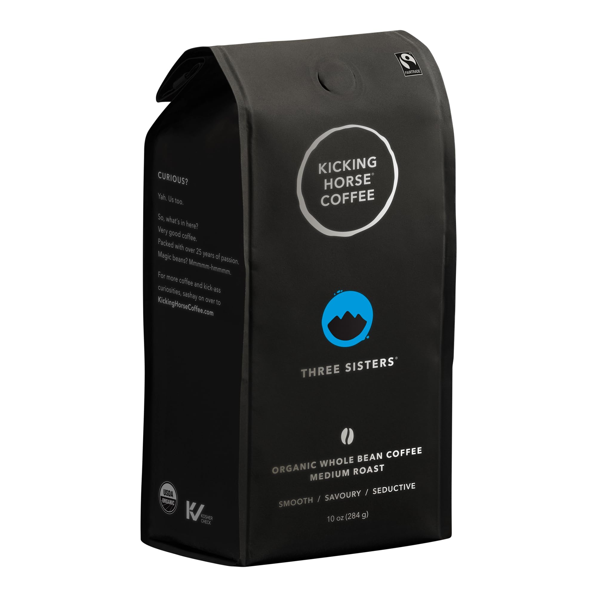 Kicking Horse front packaging showing 10 oz bag and mountain branding benefits clear storage