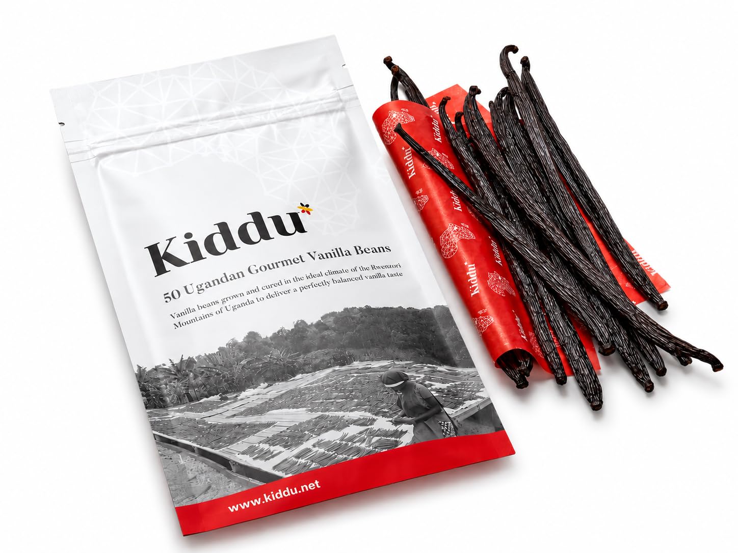 Kiddu close-up of glossy vanilla pods showing texture and concentrated aroma benefit