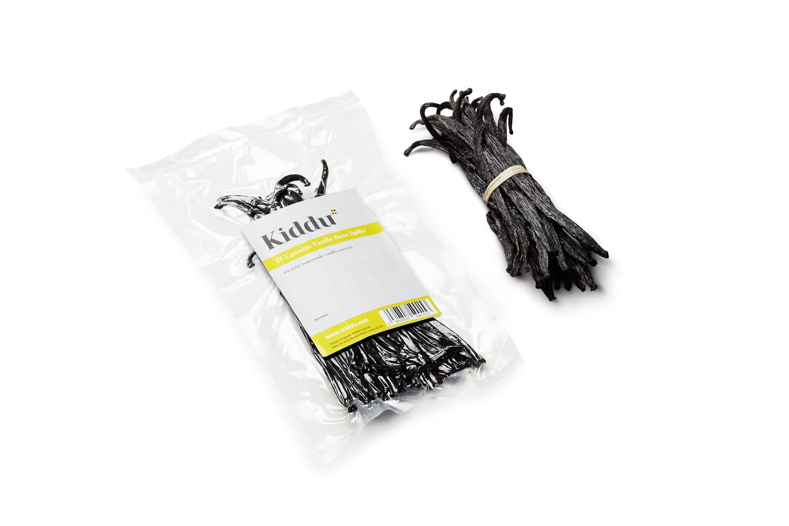 Kiddu front packaging of 25 split Ugandan vanilla beans showing count and size benefit