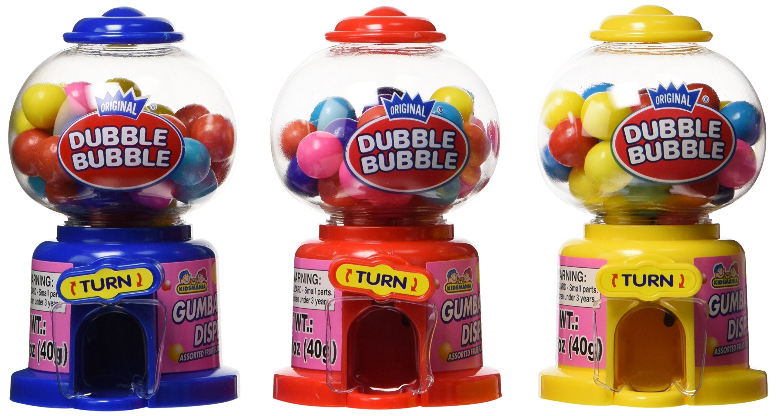 Kidsmania Dubble-Bubble front packaging showing 12 mini machines, bright party-ready visibility