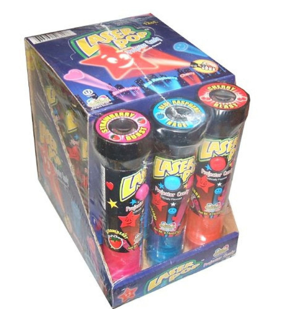 Kidsmania Laser Pop front packaging showing candy and projector feature for party fun
