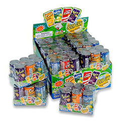 Kidsmania soda can front packaging showing colorful resealable tins for party favors