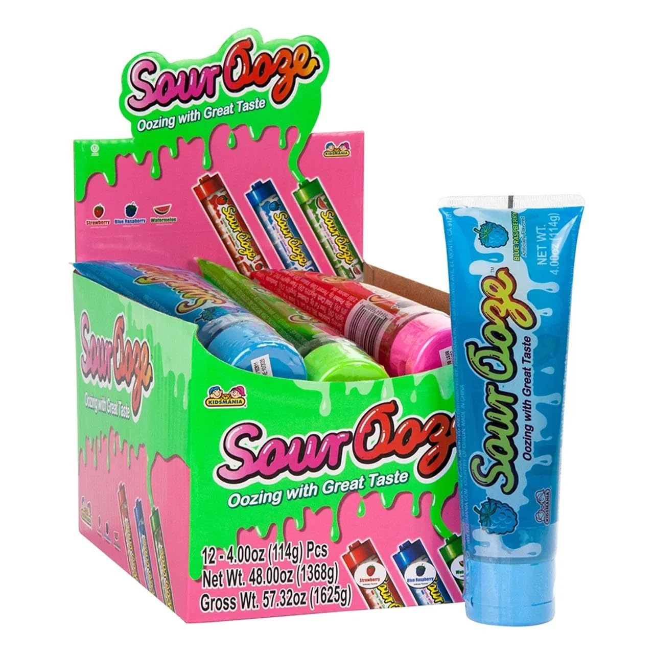 Kidsmania sour ooze front packaging showing three colorful squeeze tubes and easy sharing