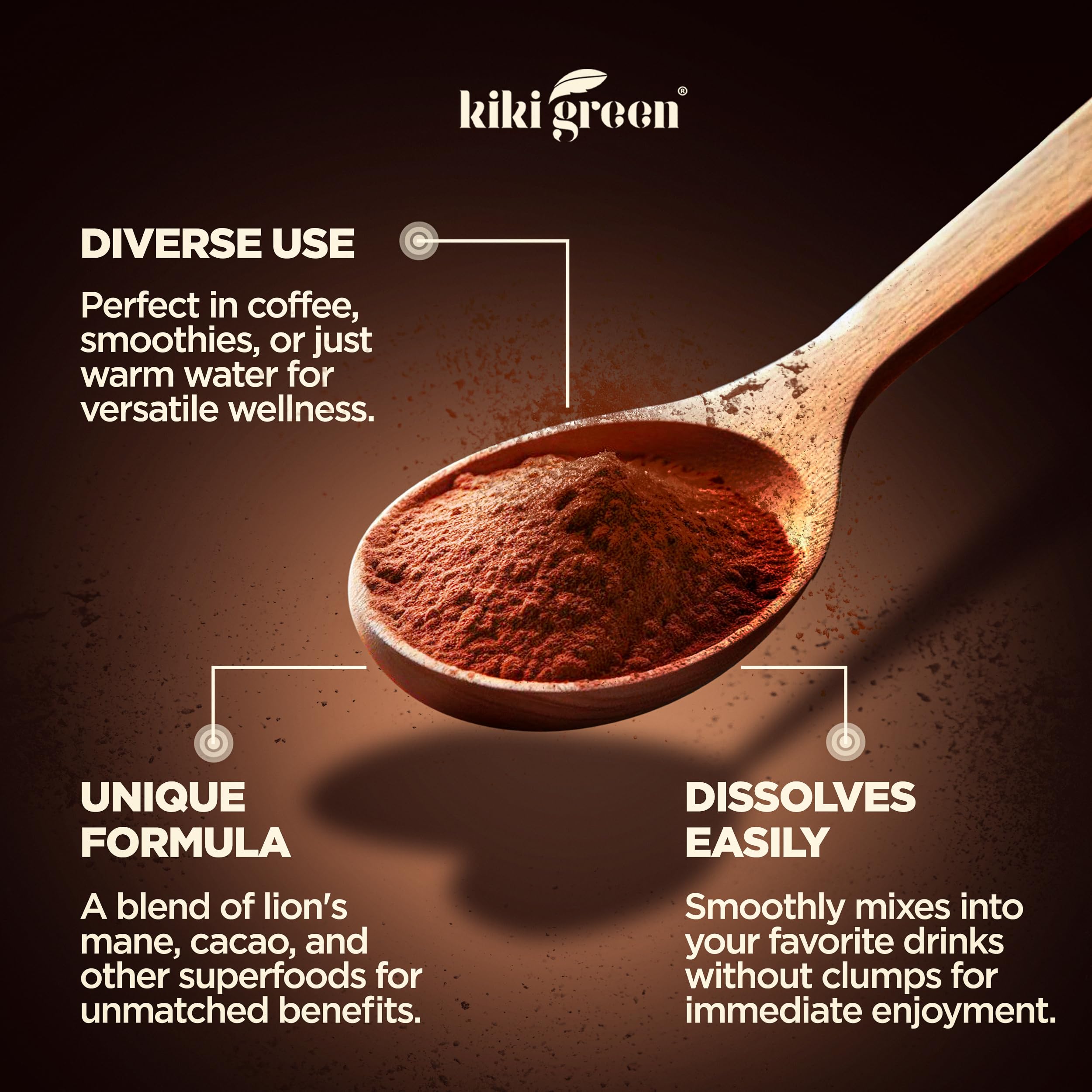 KIKI Green Shroomo ingredient spoons showing cacao, lion's mane and maca