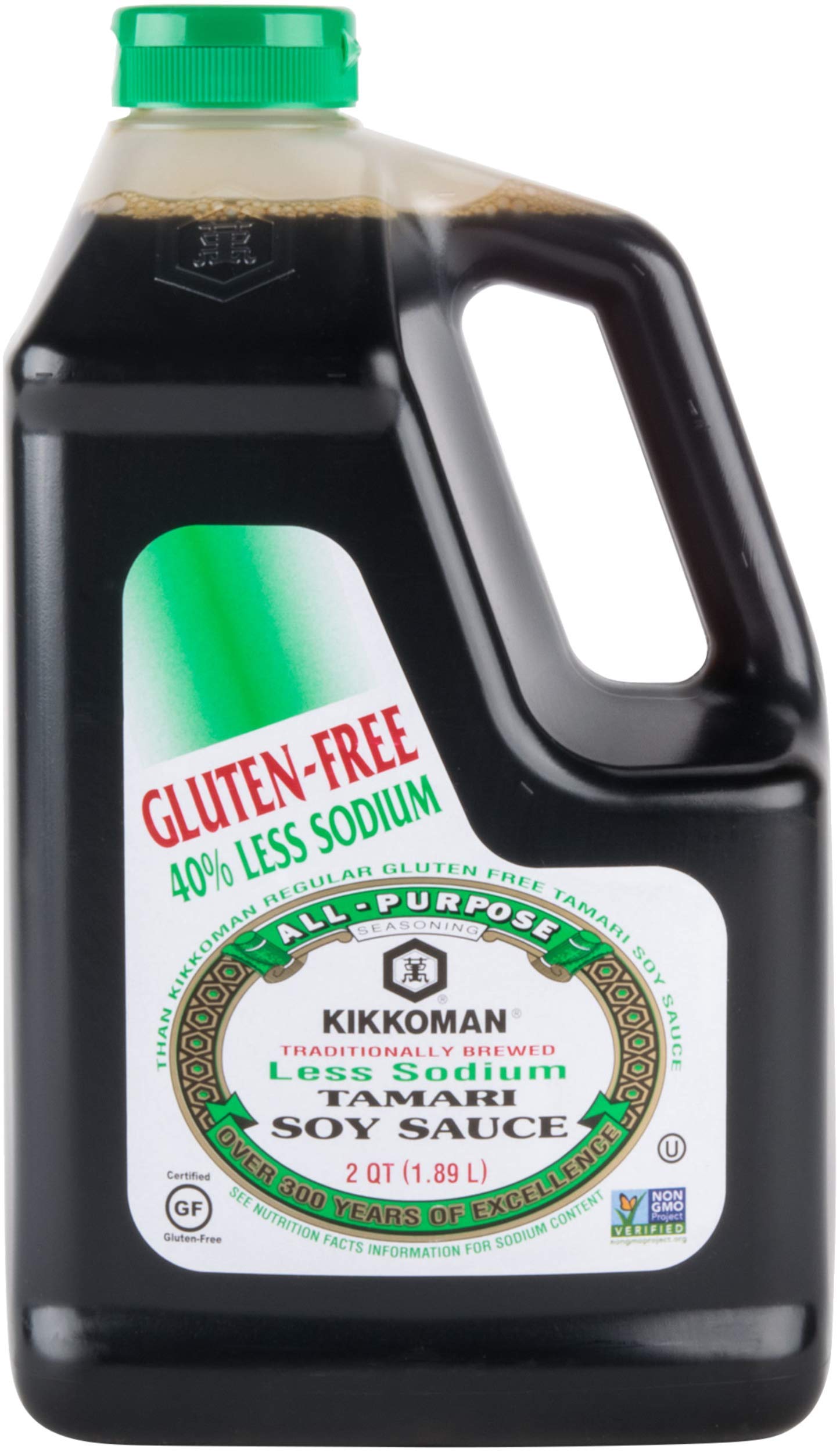 Kikkoman bottle front packaging showing label and half-gallon size benefit