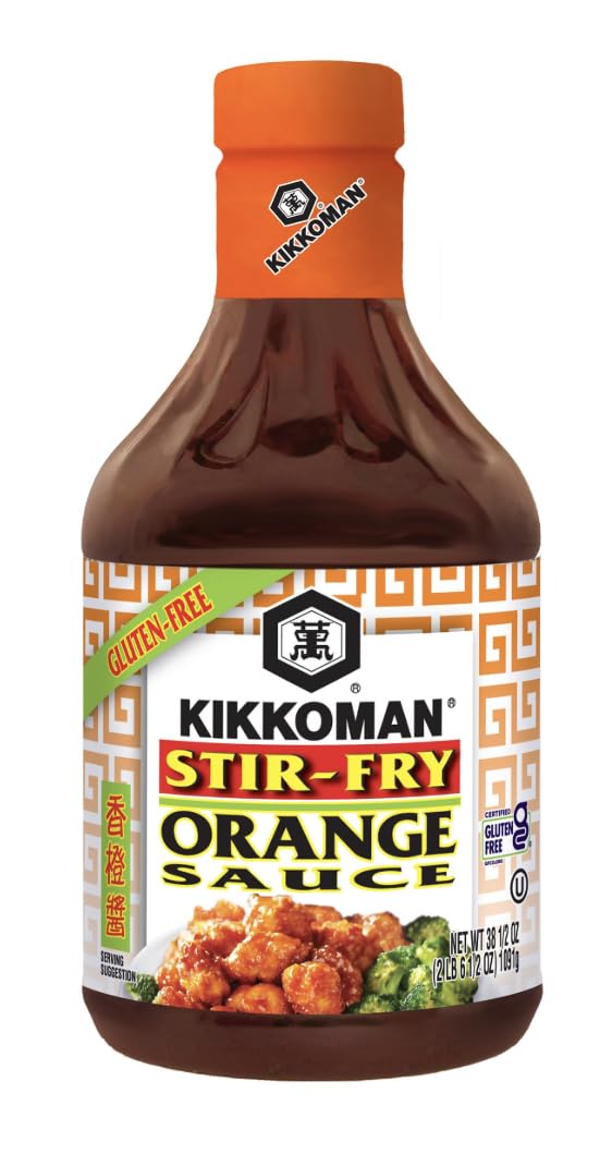 Kikkoman bottle front label showing gluten-free orange sauce for quick meals