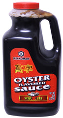 Kikkoman bottle front label showing 5 lb oyster flavored sauce for consistent flavor