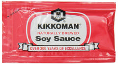 Kikkoman soy sauce packet front view showing brand and easy-open design for quick serving