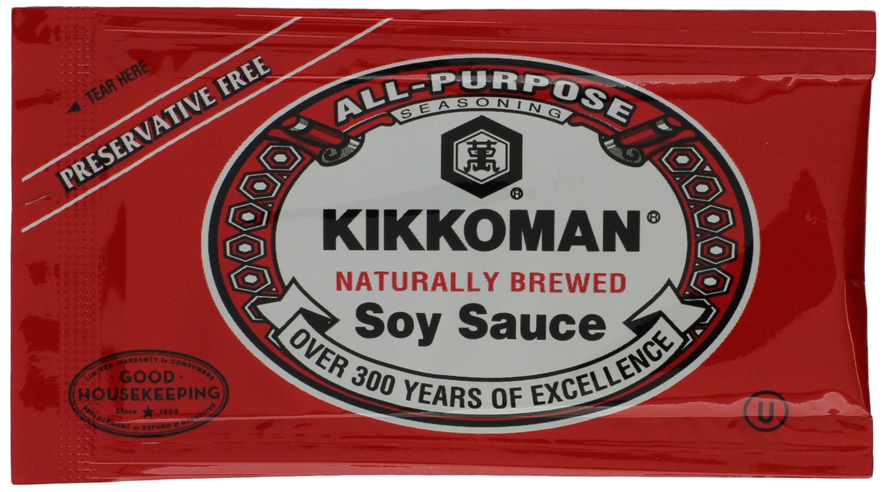 Kikkoman front packaging image showing 200-count packets and easy storage benefit