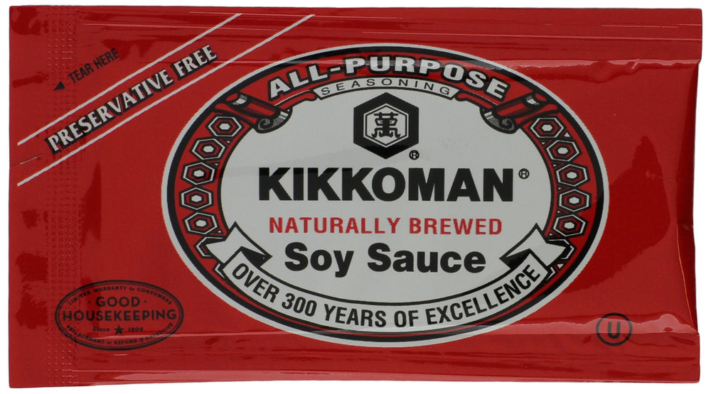 Kikkoman front packaging image showing 200-count packets and easy storage benefit