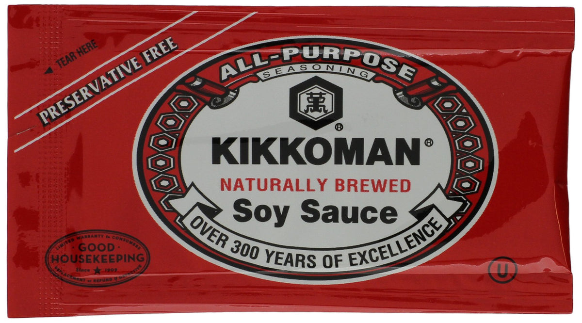 Kikkoman front packaging image showing 200-count packets and easy storage benefit