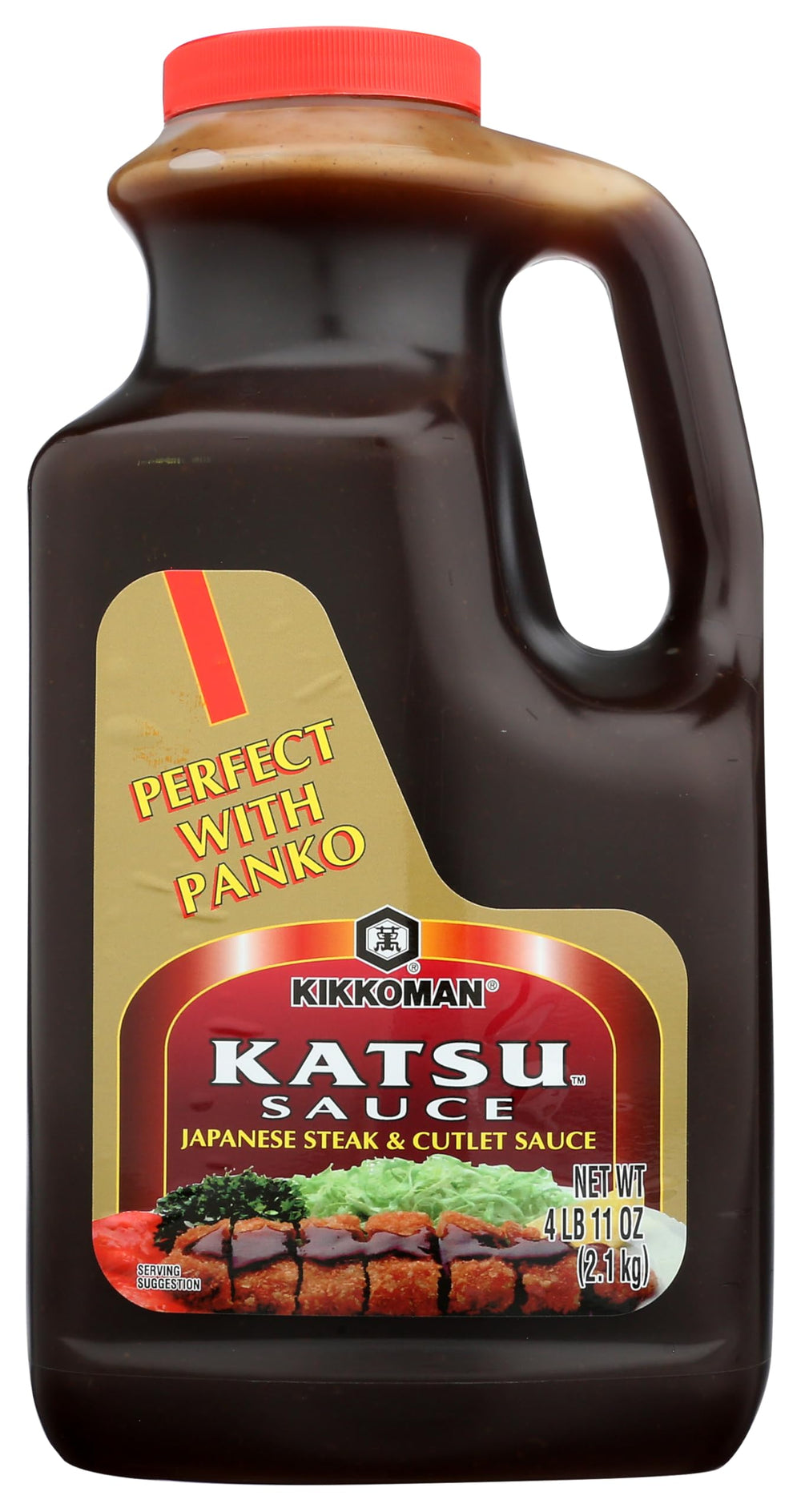 Kikkoman tonkatsu sauce front-bottle showing label and serving suggestion benefit