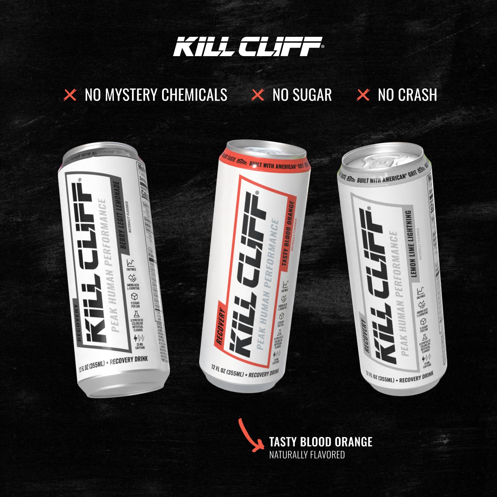 Kill Cliff close-up label detail highlighting clean ingredients and zero sugar
