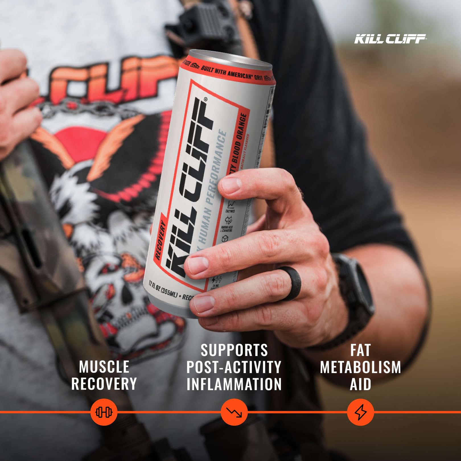 Kill Cliff can on outdoor bench showing active lifestyle hydration and crisp flavor