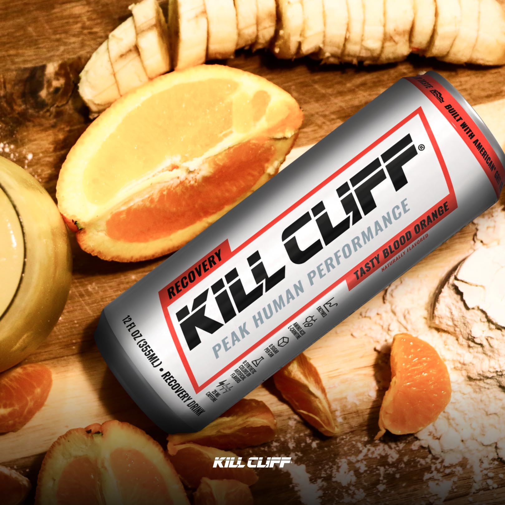 Kill Cliff pouring blood orange drink showing light carbonation and refreshing texture