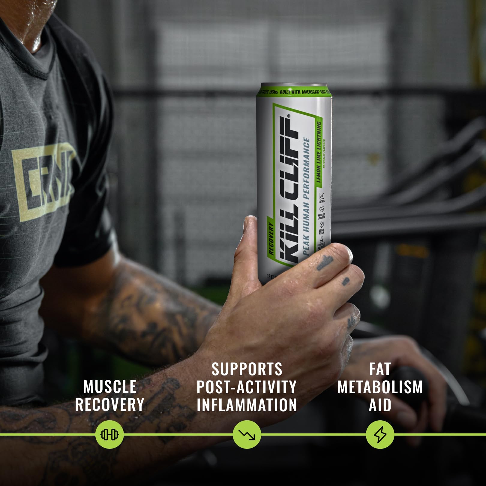 Kill Cliff can in hand for scale demonstrating portable, low-sugar recovery beverage