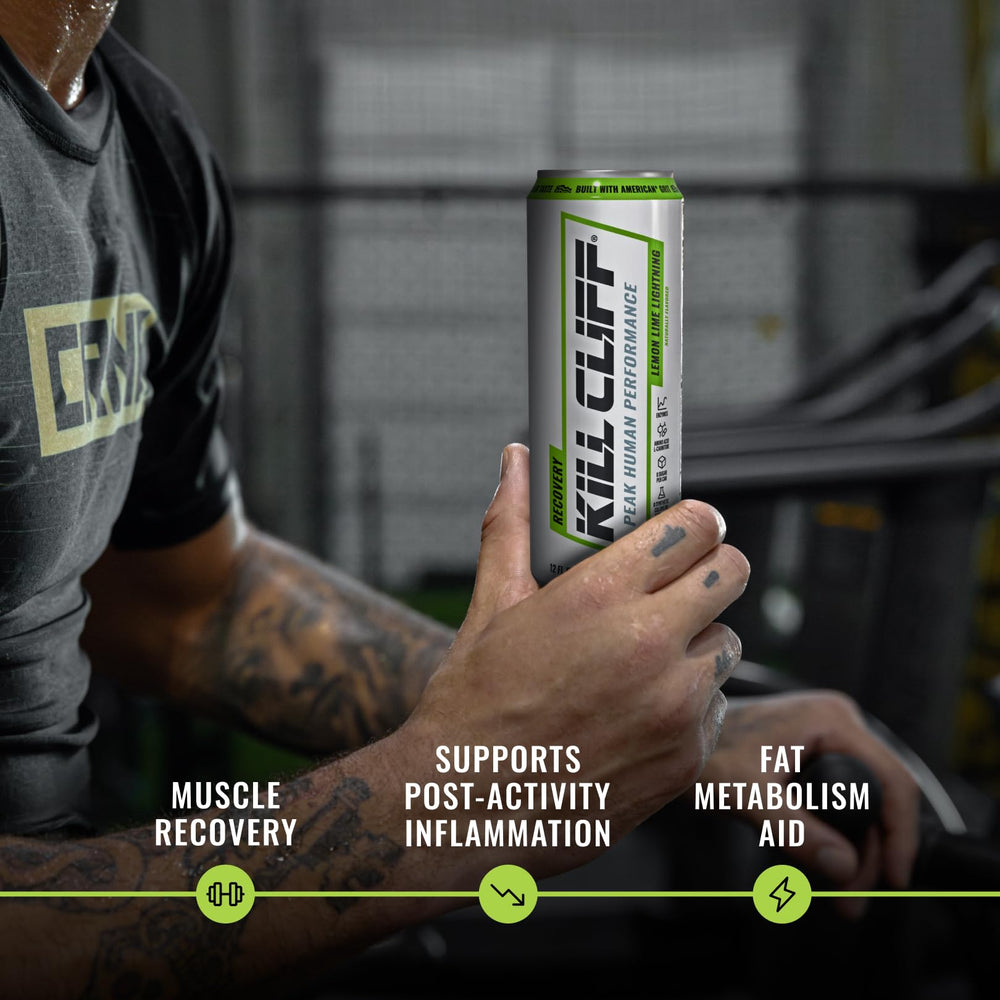 Kill Cliff can in hand for scale demonstrating portable, low-sugar recovery beverage