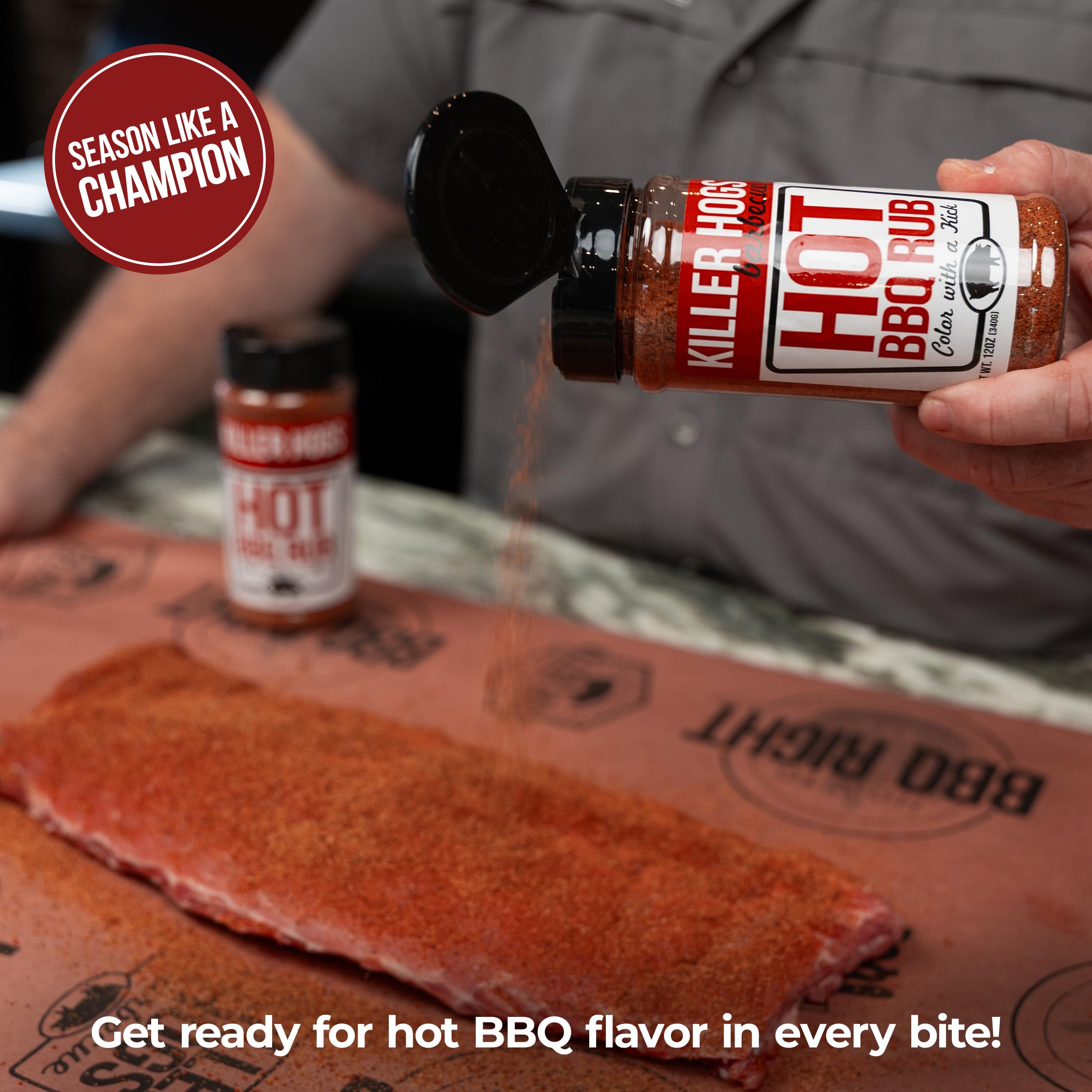 Killer Hogs pouring rub into hand demonstrating easy application benefit