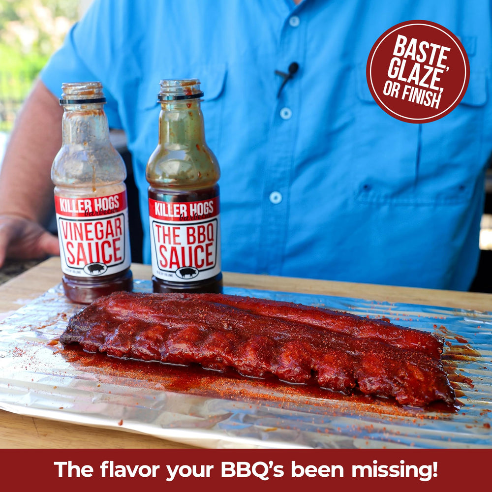 Killer Hogs vinegar sauce pouring to show thin consistency and bright flavor