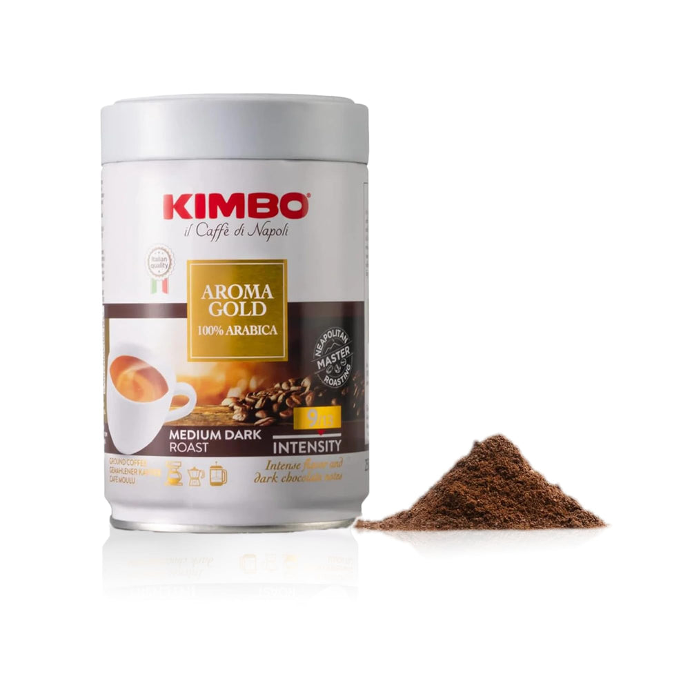 KIMBO label close-up showing Italian roast claim, assures traditional roasting quality