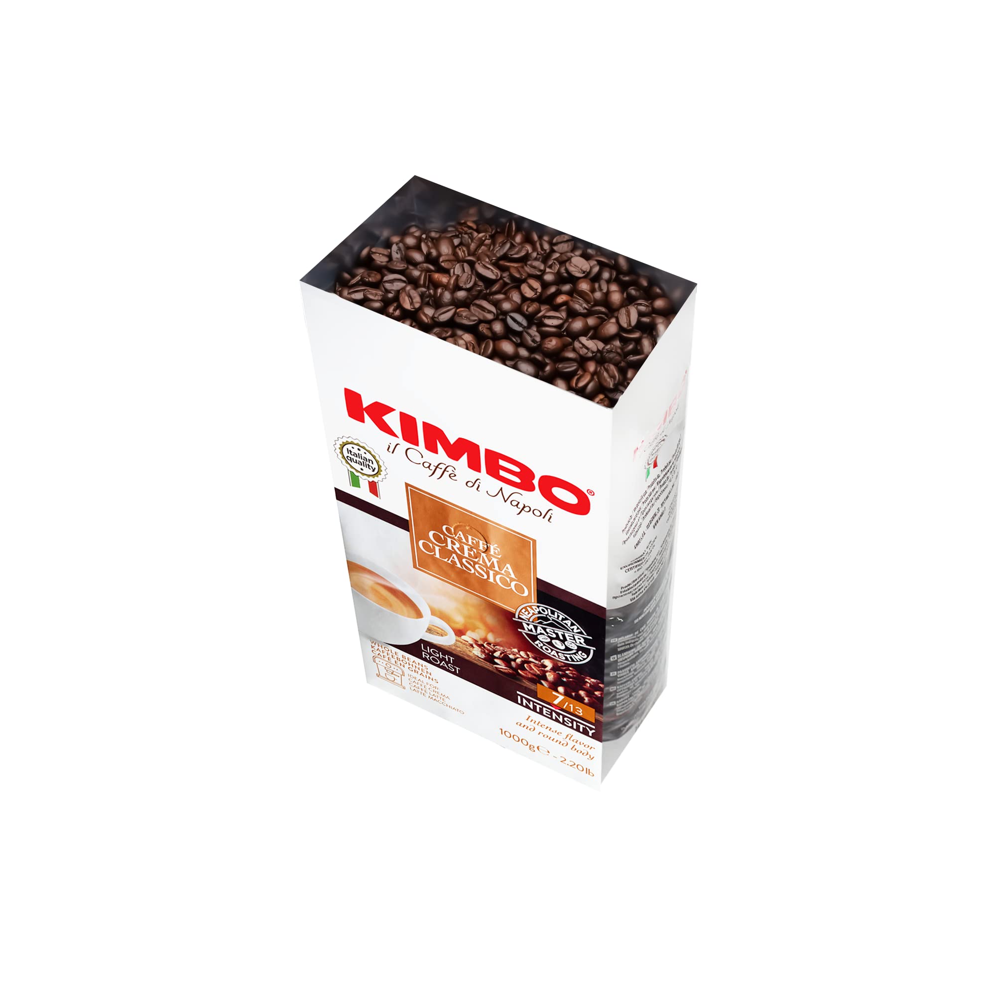 Kimbo bean close-up revealing whole Arabica beans and smooth roast surface