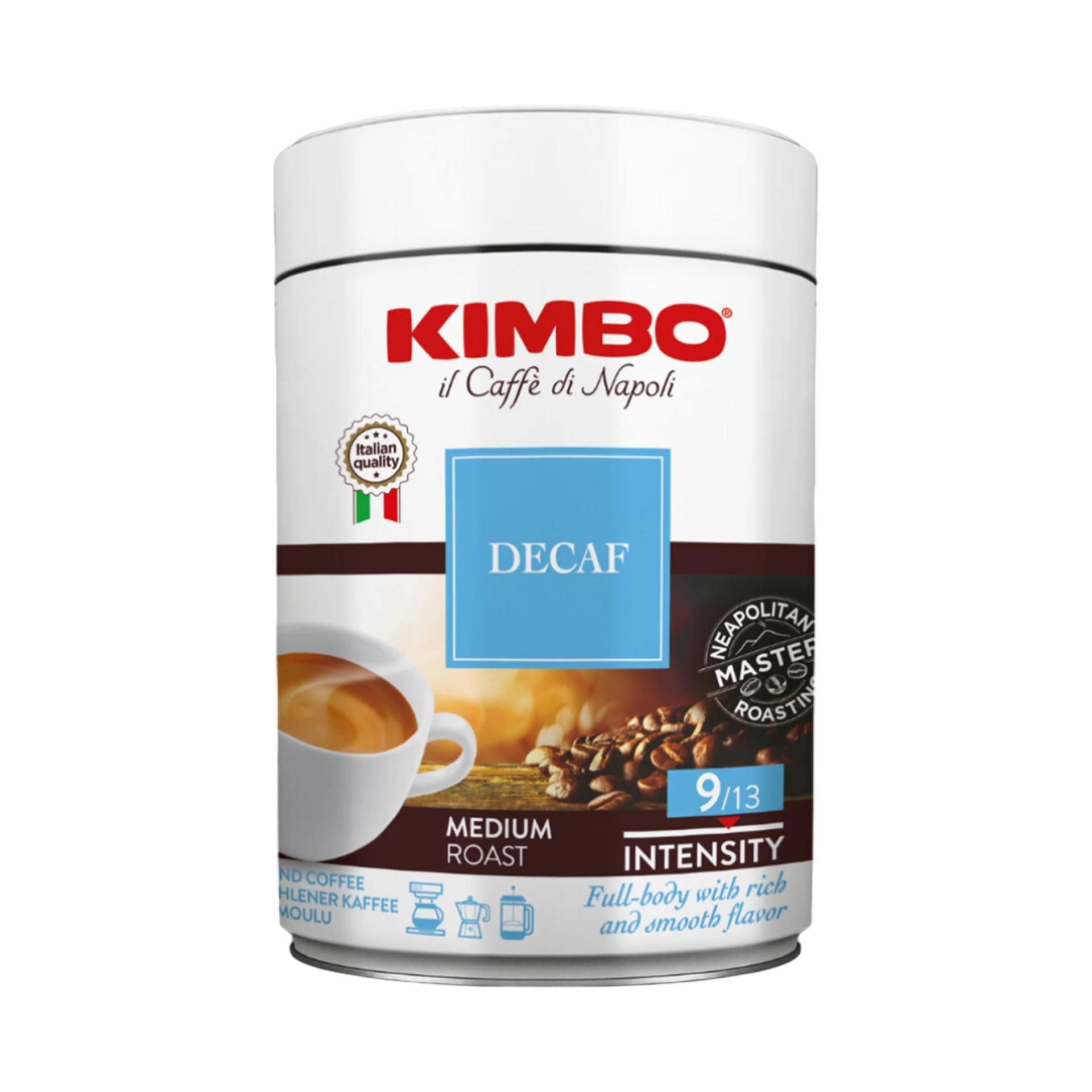 Kimbo decaf front tin showing brand and resealable benefit