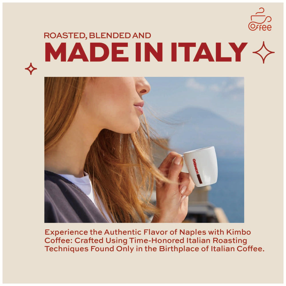 Kimbo decaf label close-up showing 100% Arabica and roast details