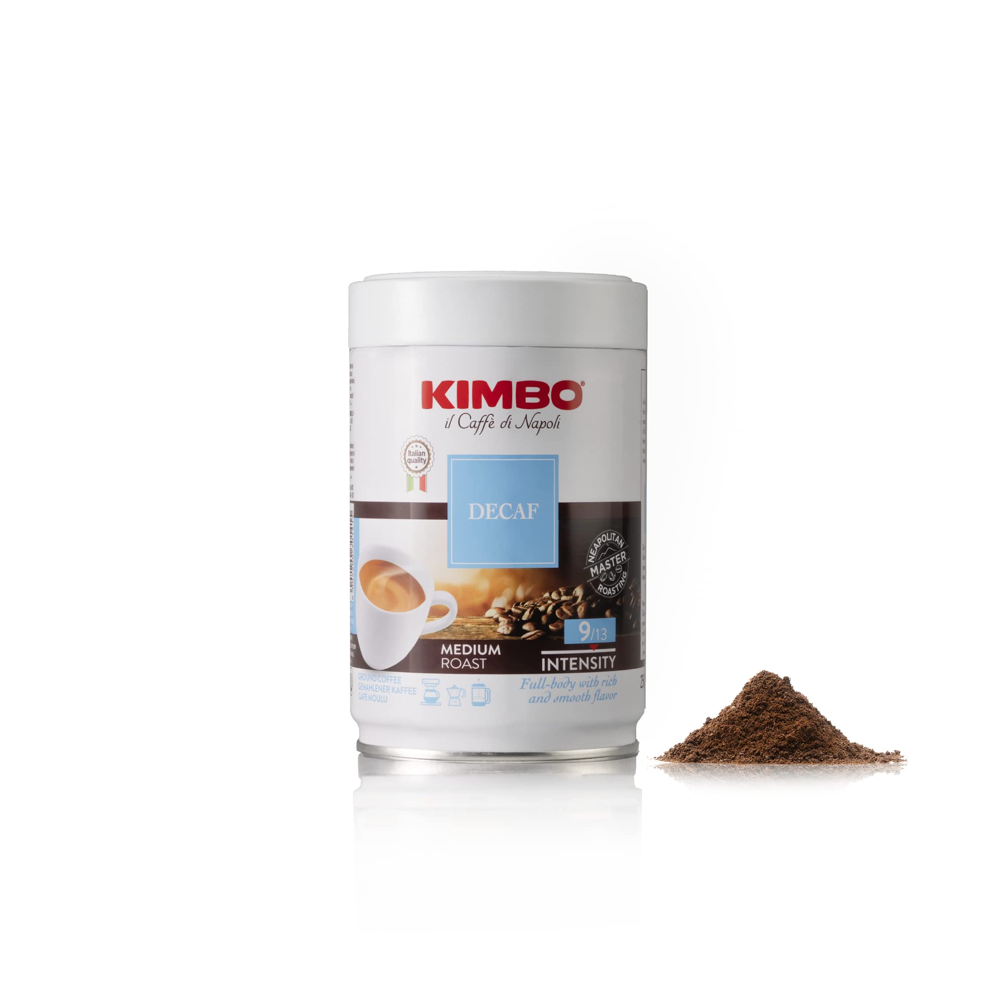 Kimbo decaf open tin with ground coffee highlighting convenience