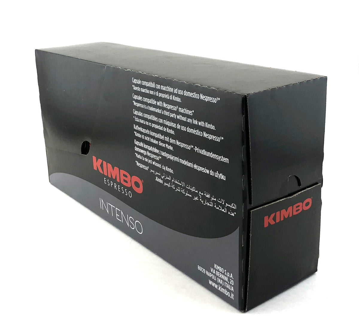 KIMBO pack front showing capsule design and deep-roast flavor benefit