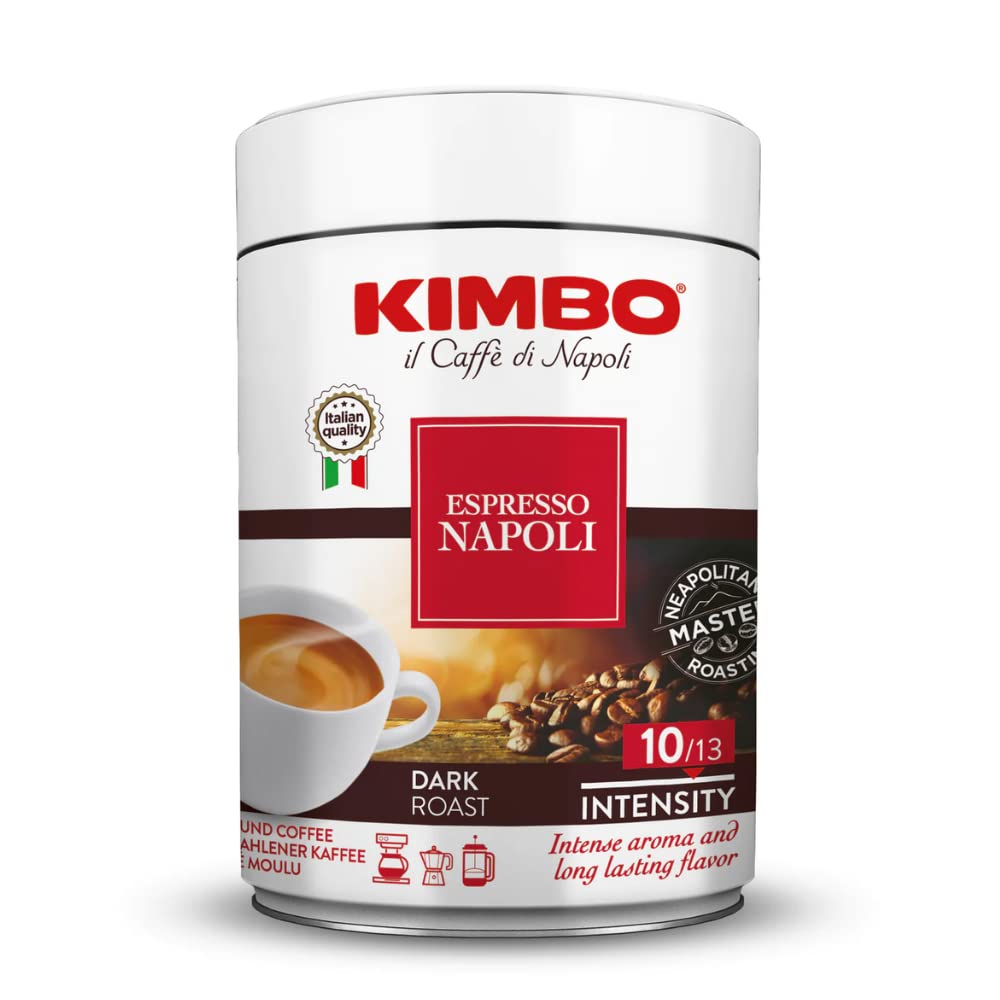 Kimbo Napoli tin front showing branding and tin for bold espresso freshness