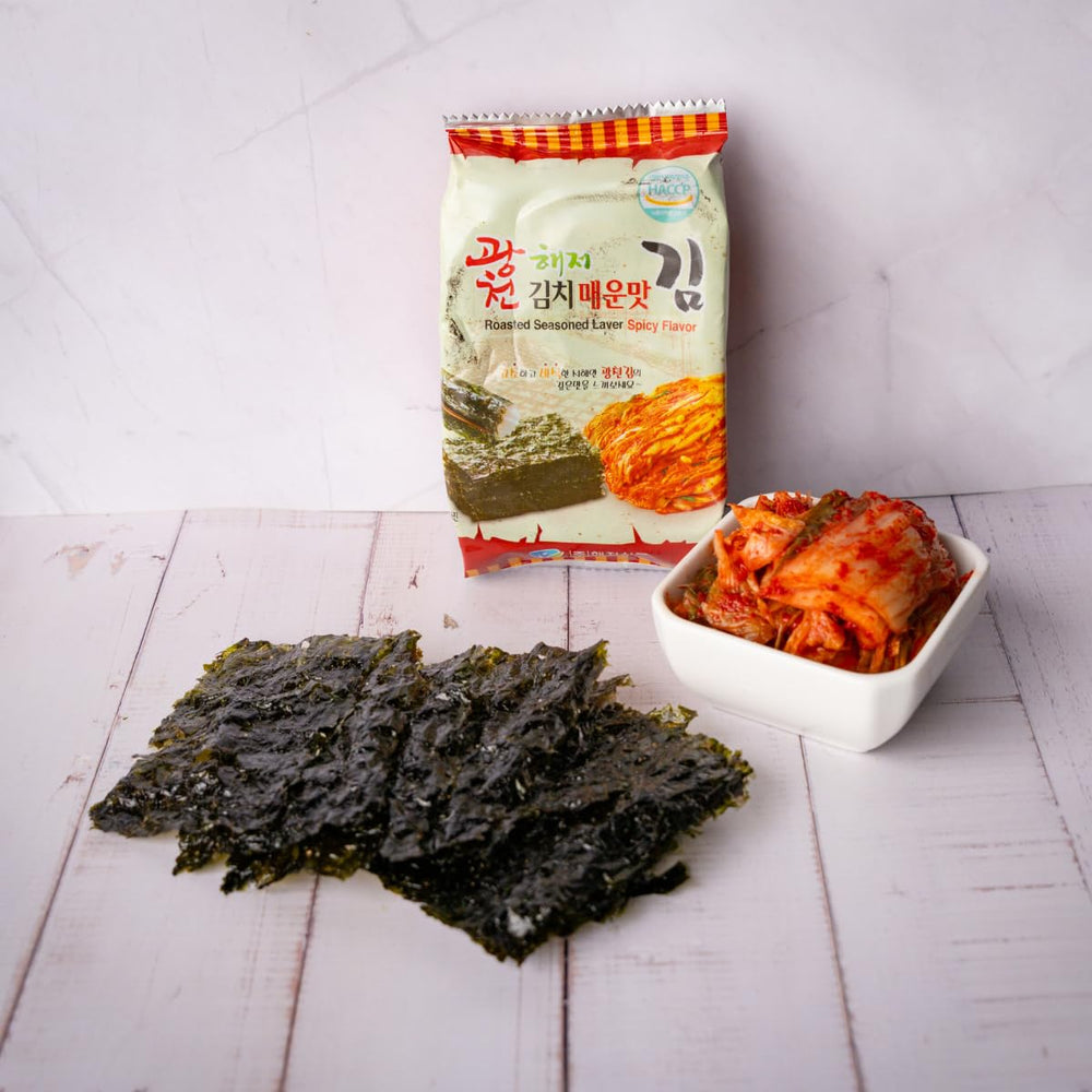 Kimchi Spicy Korean Crispy Seaweed Snacks in a backpack pocket for convenient snacking