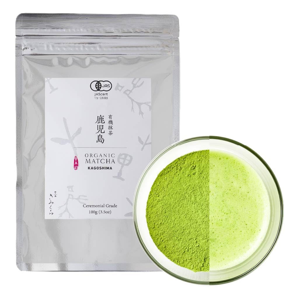 きみくら front packaging showing organic ceremonial matcha and benefits