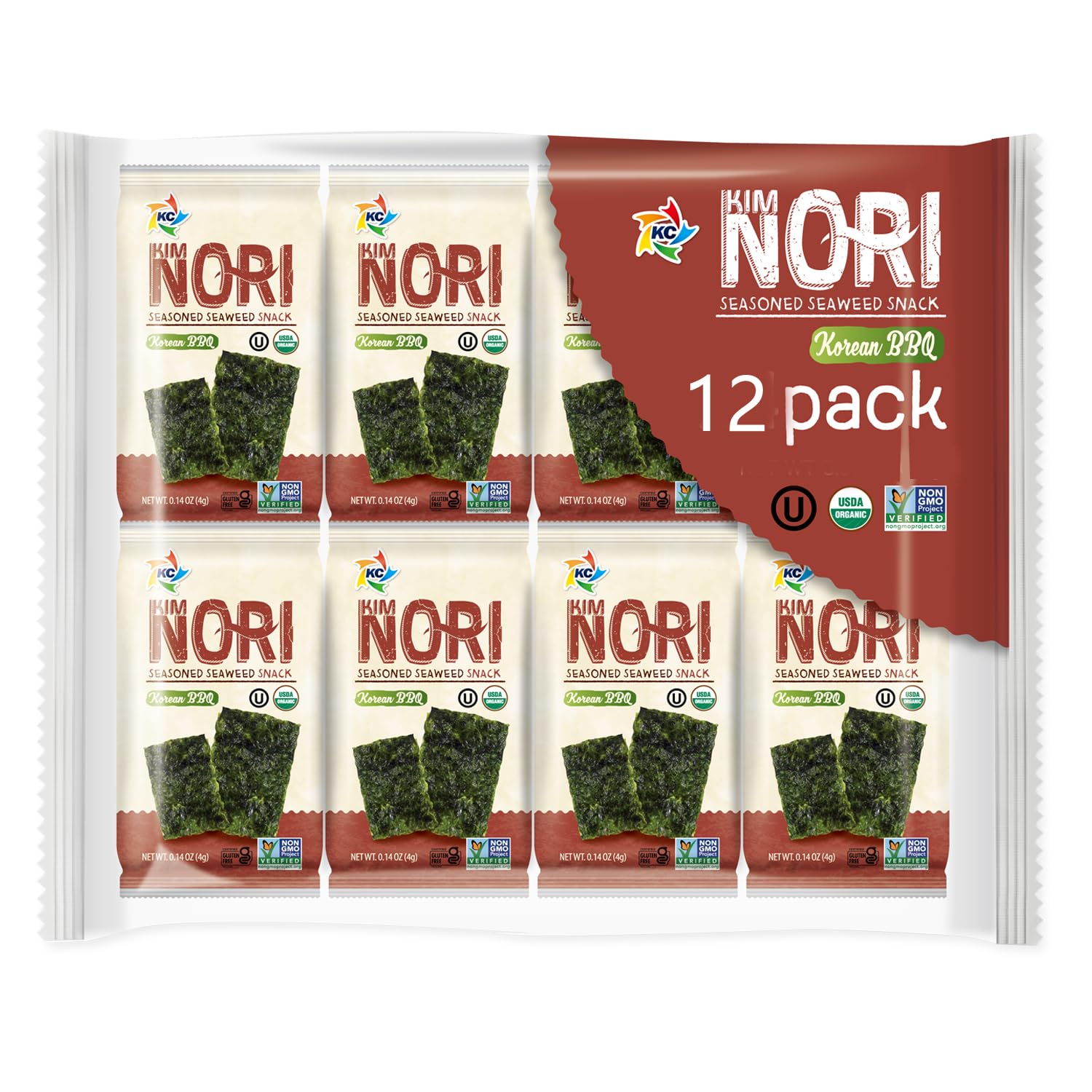 KIMNORI front packaging showing 12-pack and KBBQ flavor for convenient snacking