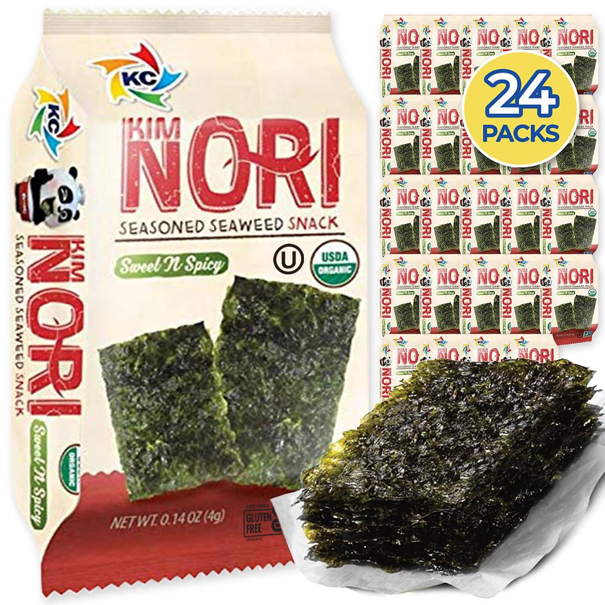 KIMNORI front packaging showing sweet ’n spicy flavor and organic badge, ideal for clean snacking