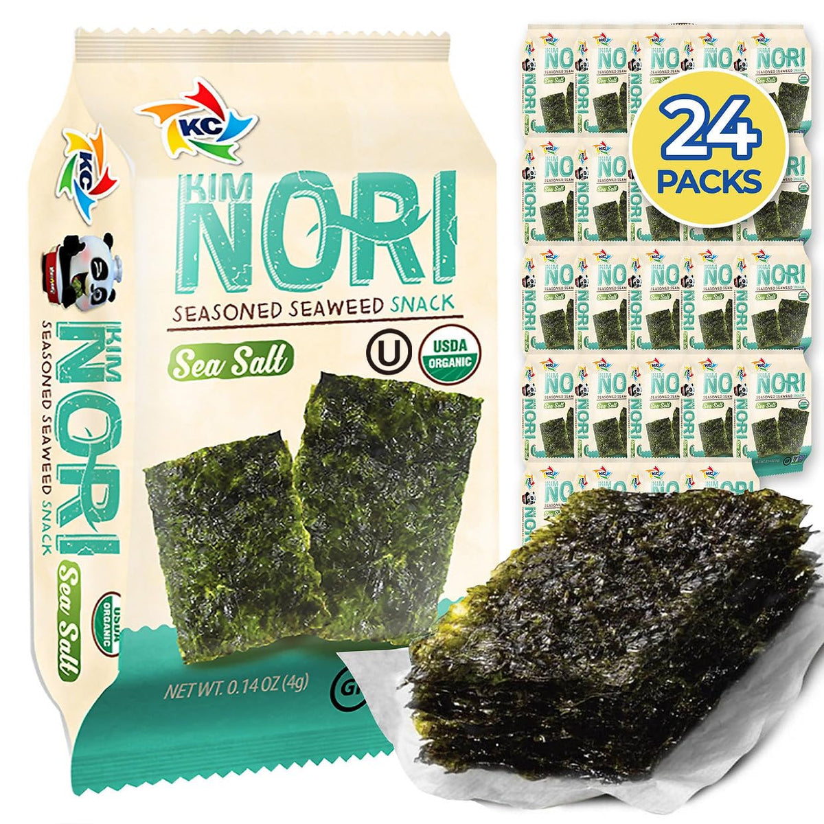 KIMNORI front packaging showing 24-pack and organic sea salt benefits