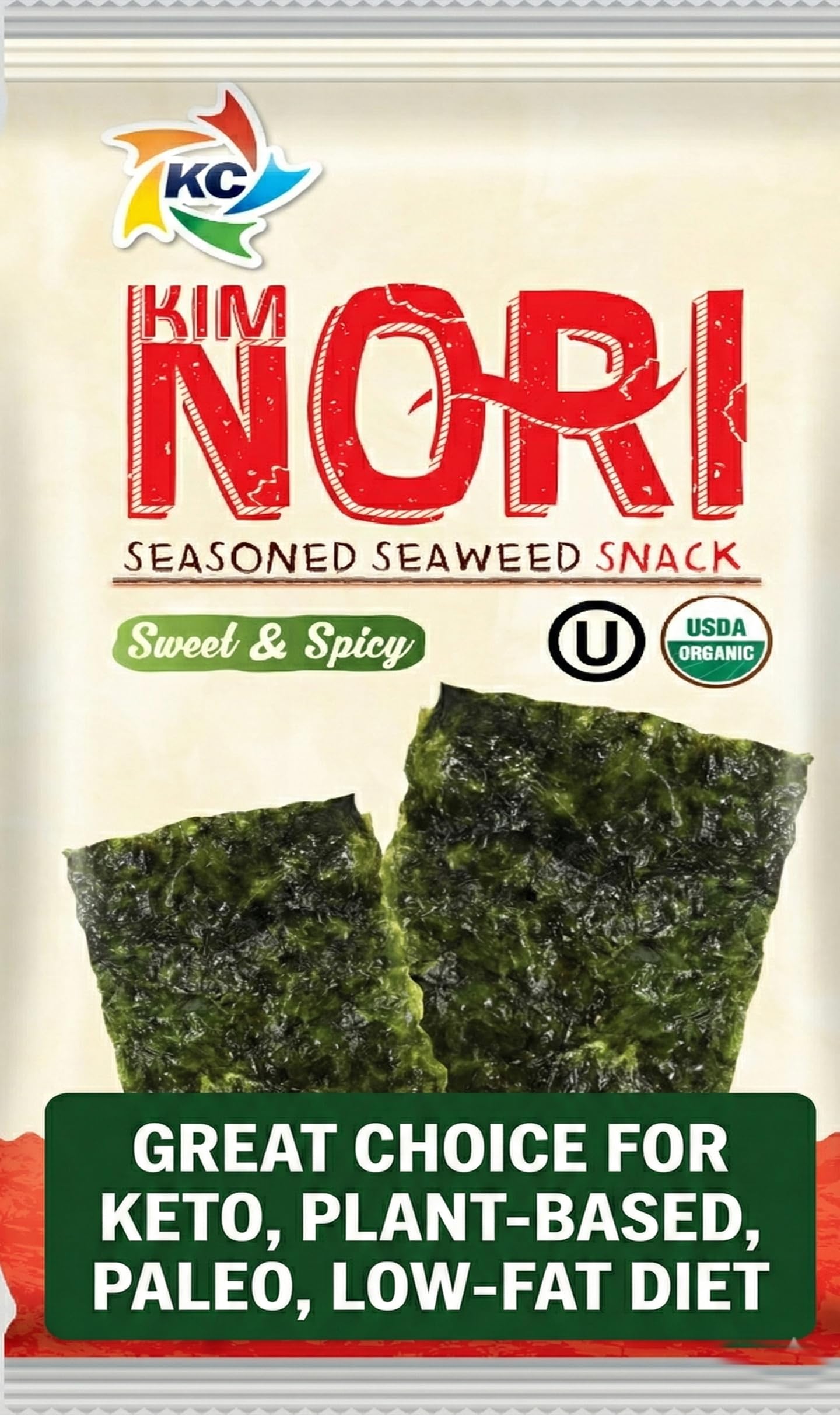 KIMNORI ingredients display seaweed and spices, emphasizing organic and natural seasoning