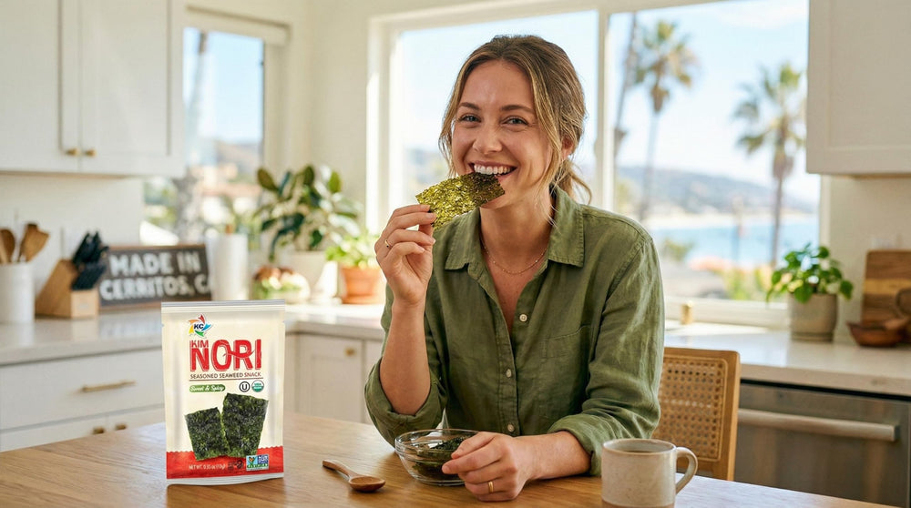 KIMNORI open pouch with crisp seaweed sheets visible, convenient single-serve freshness benefit