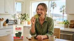 KIMNORI open pouch with crisp seaweed sheets visible, convenient single-serve freshness benefit
