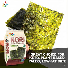 KIMNORI single pack opened with crisp laver sheet ready to eat for instant crunch