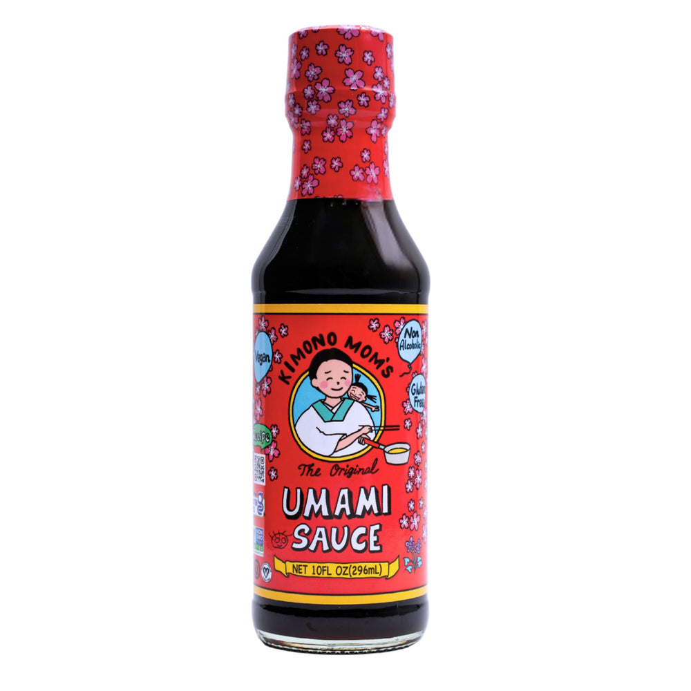 Kimono Mom front label showing vegan umami sauce and benefits