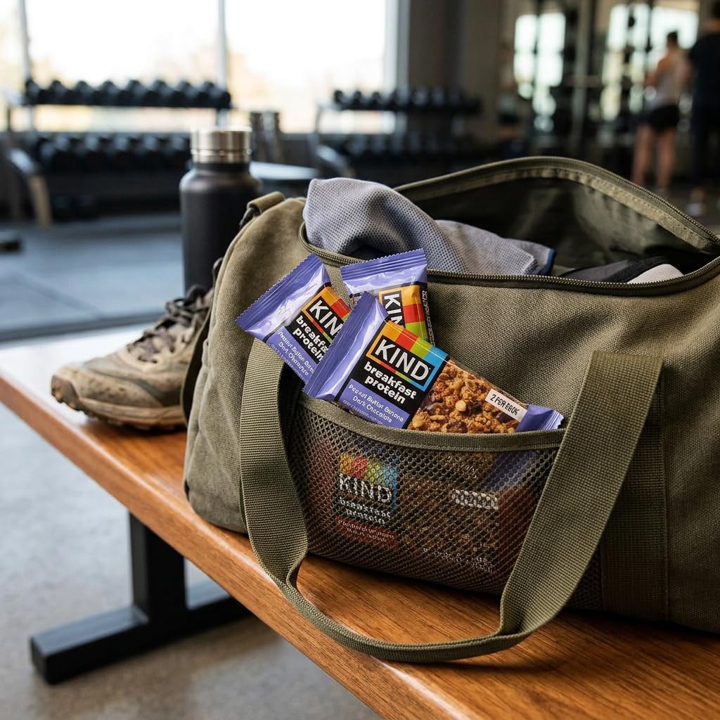 KIND bar inside a backpack indicating grab-and-go energy on commute