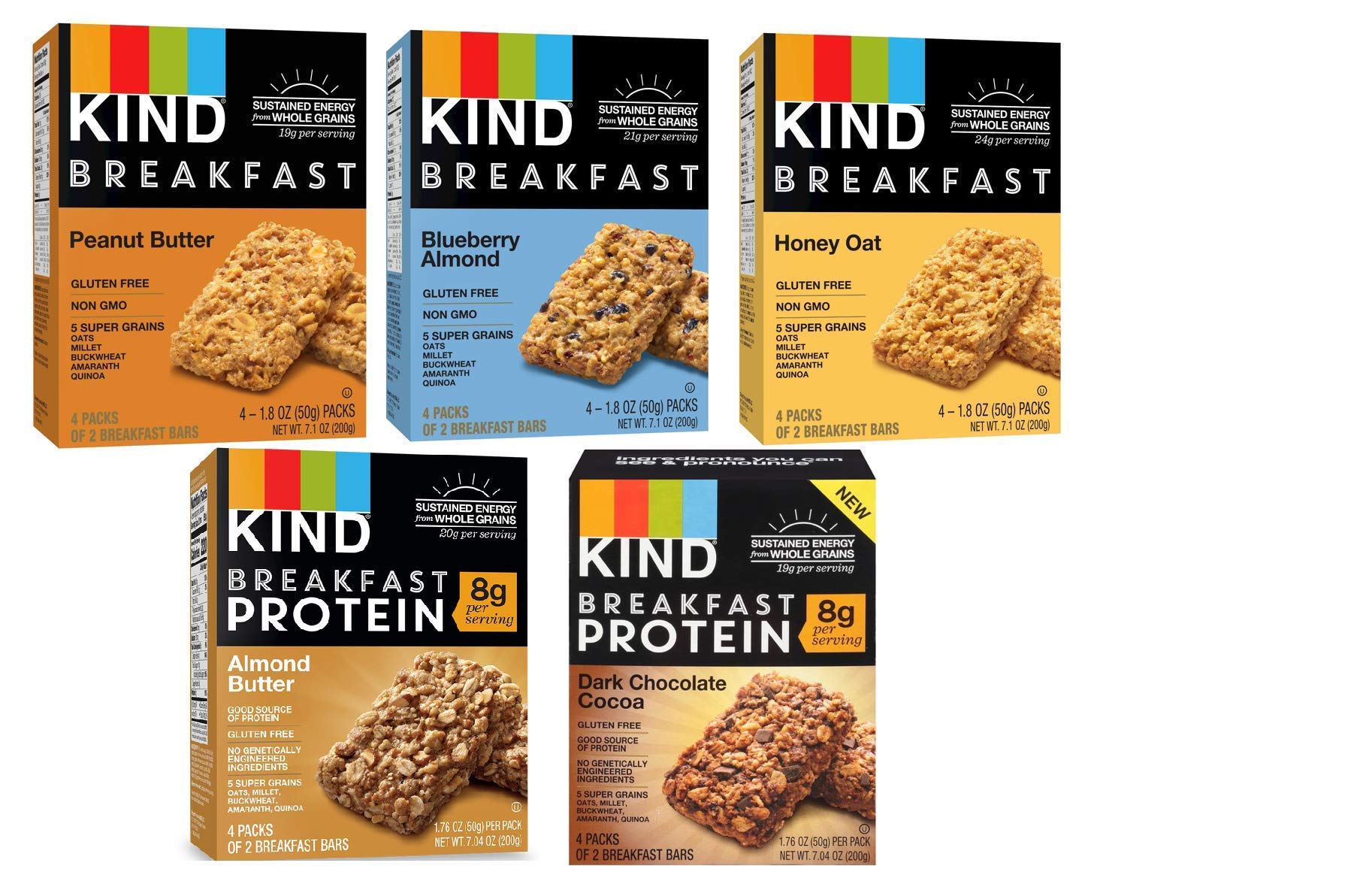 KIND front box showing five-flavor breakfast pack and convenient variety