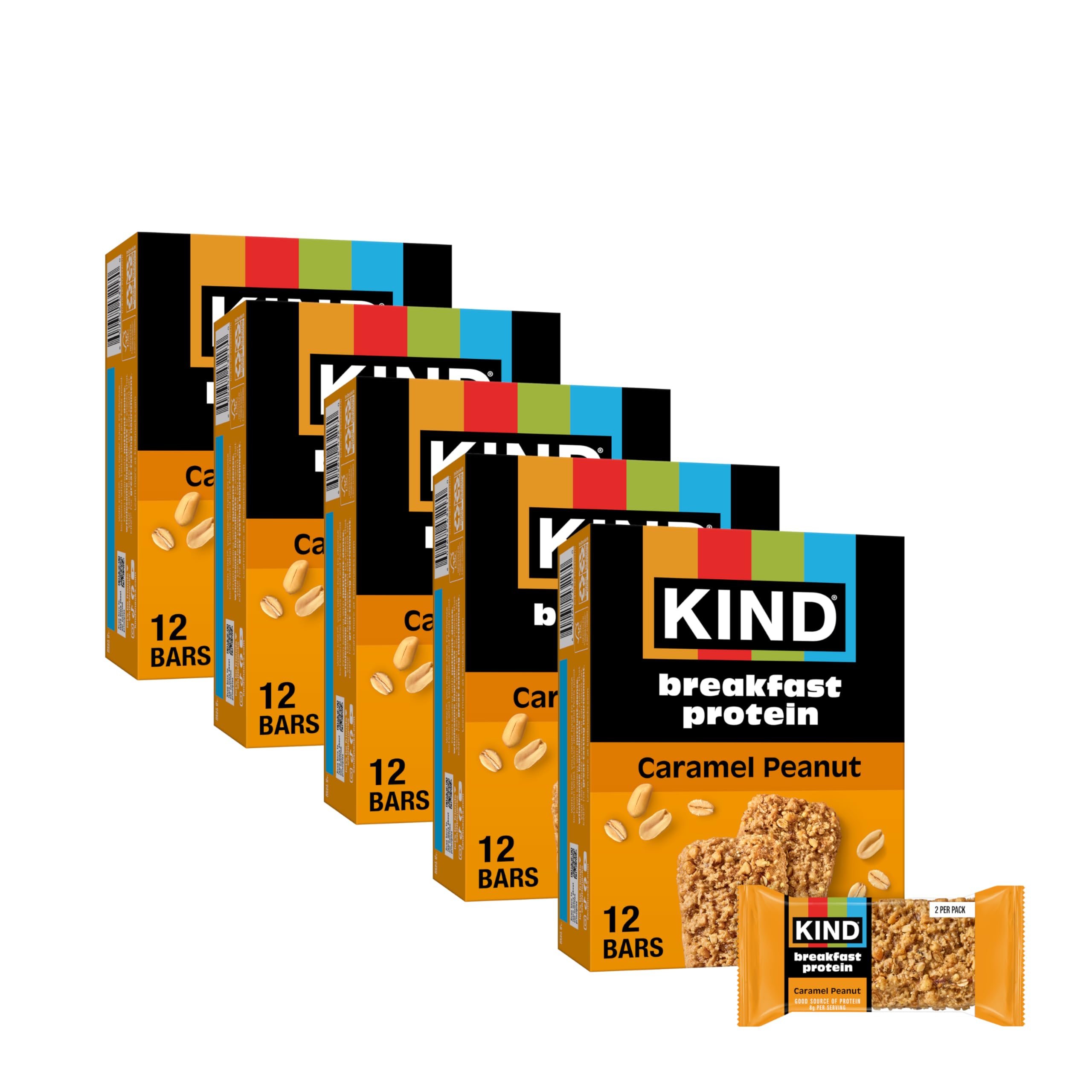 KIND front packaging showing caramel peanut bars and nutrition highlights for convenience