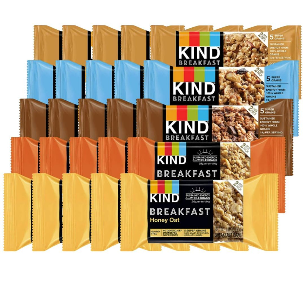 KIND Breakfast front packaging showing 40-bar variety and convenience