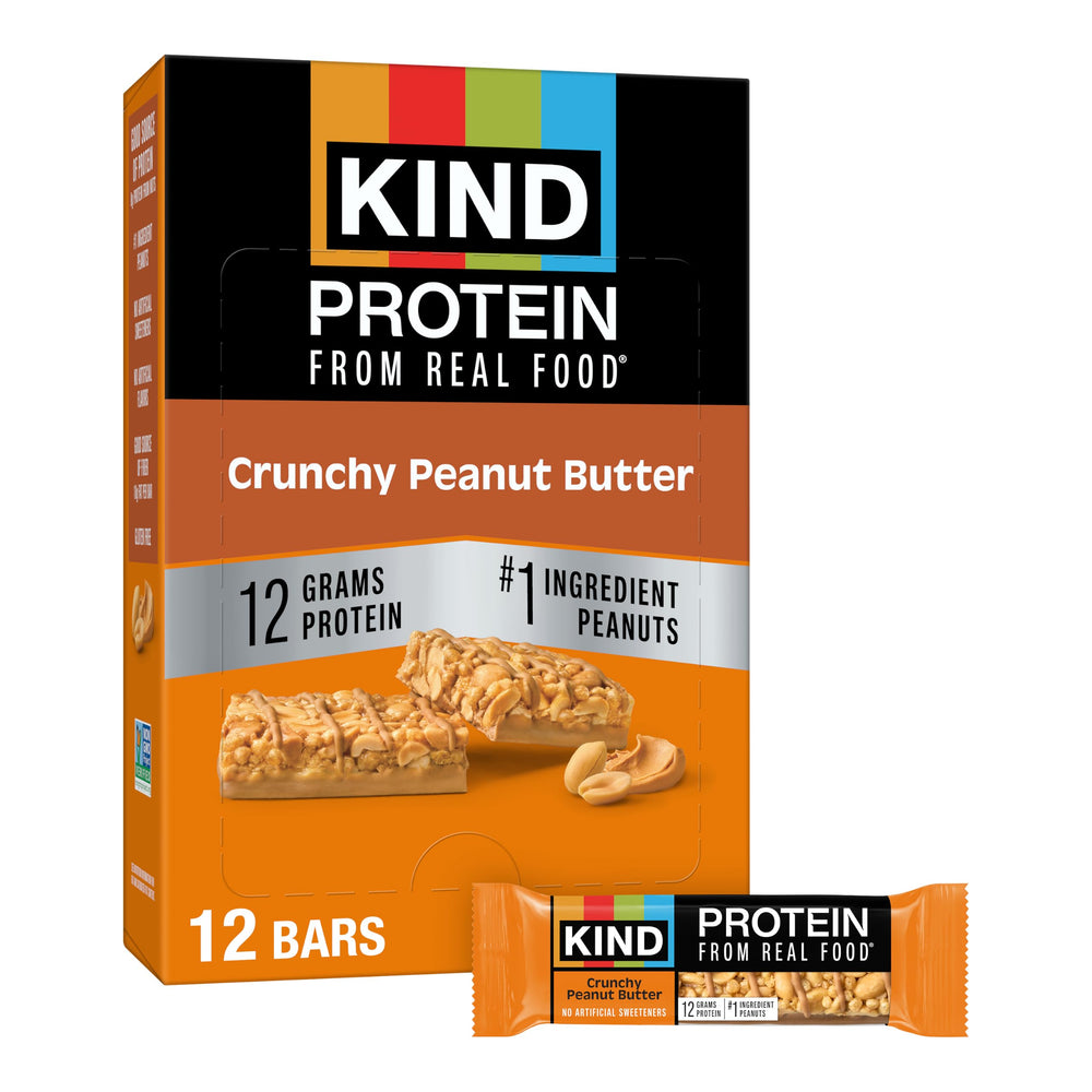 KIND Crunchy Peanut Butter front pack showing nutrition highlights and branding