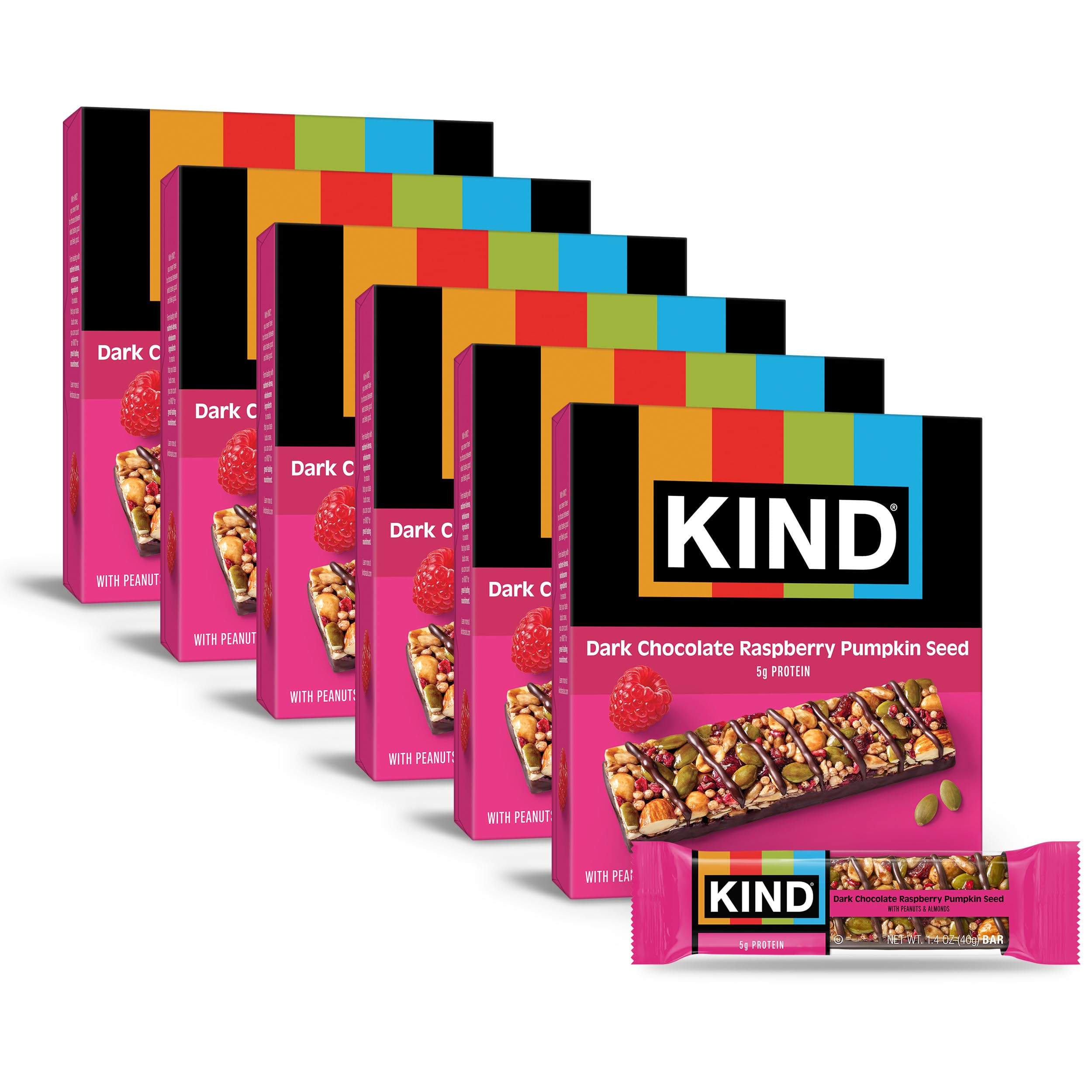 KIND front packaging showing dark chocolate raspberry pumpkin seed benefits