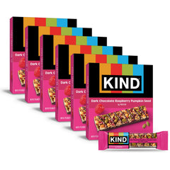 KIND front packaging showing dark chocolate raspberry pumpkin seed benefits