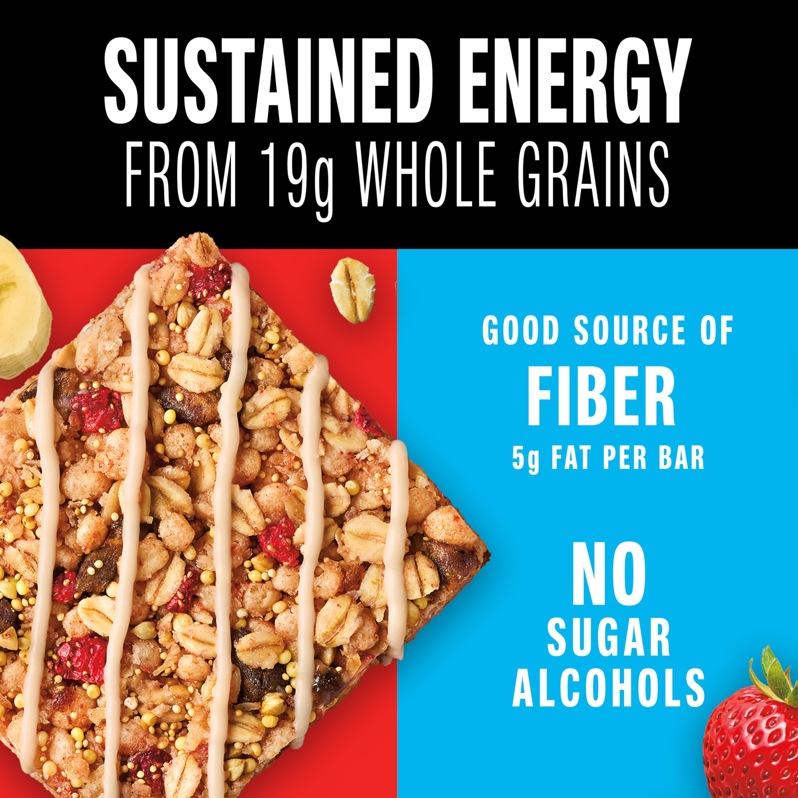 KIND close-up of dried strawberries, bananas, and mixed grains for flavor