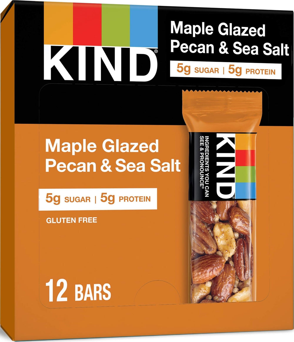 KIND front packaging showing maple glazed pecan bars, convenient grab-and-go