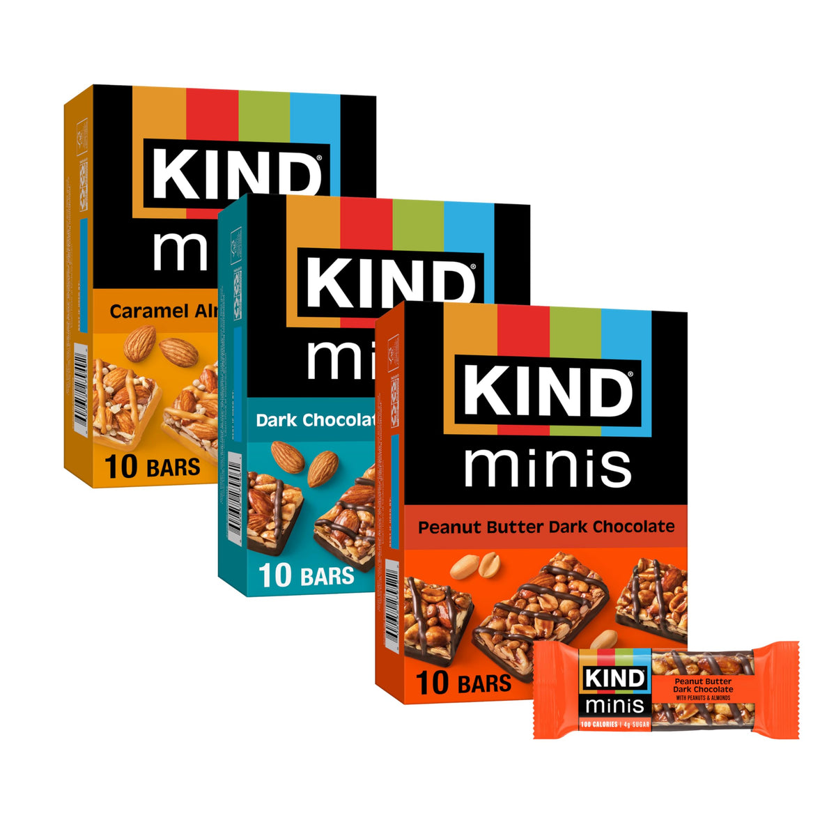 KIND mini bars front packaging showing 30-count assortment and benefits